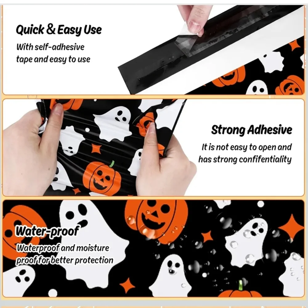 25 Pack Halloween Poly Mailers 10x13 Pumpkin Ghost Spooky‎ Shipping Bags Black